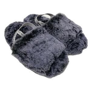Steve‎ Madden Women's M Slippers Fuzzy Faux Fur Blue Grey Heel Straps Slides